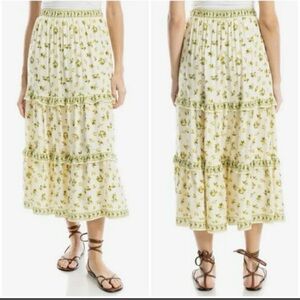 MAX STUDIO Lemon Print Maxi Skirt In Tiered size 1X Yellow Ruffle Womens